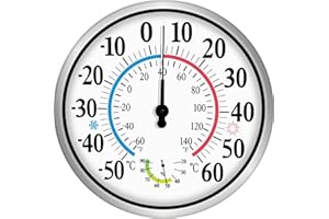 LIRCHES 12" Außenthermometer große Zahlen-Dekorative Außenthermometer für Terrasse, Wandthermometer Hygrometer mit Edelstahlgehäuse, batterieloses Innen-Außenthermometer kabellos (Silber 1)