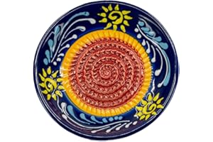 Kaladia - Ceramiczny talerz do tarcia - idealny do imbiru, parmezanu itp. - Wzór: niebieski z słońcem - średnica: 12 cm - ręcznie robione i malowane - Wyprodukowano w Hiszpanii