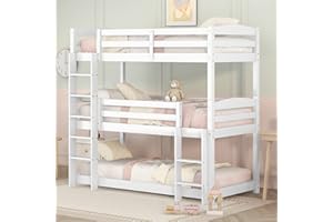 KecDuey Dreier Etagenbett für Kinder,90x200cmStockbett für DREI Abnehmbar in Einzelbett, Doppelbett Personen,Hausbett, Gästebett Kiefern (Weiß)