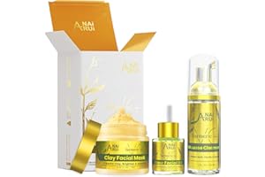 ANAiRUi Soins de la peau avec masques pour le visage - Kit de masques de spa facial - Masque d'argile pour le visage à la vitamine C et au curcuma + Nettoyant moussant + Huile pour le visage