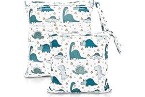 HOTLIKE Bolsa de Pañales, 2PCS Bolsa Impermeable Reutilizable para Bebe, Ropa Seca y Húmeda Organizador de Pañales, Wetbag Lavable Neceser para Viaje Playa Deporte Guardería Merienda (Dinosaurio)