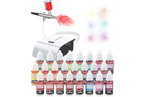 Cake Airbrush Decoration White Compressor Set from E-Kongton - with 24 Brightly Coloured Airbrush Special Liquid Food Colours for Baking, Make-Up, Painting, Modelling and Food Decoration with Airbrush