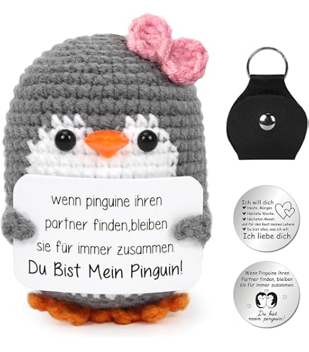 Pocket Hug Positiver Pinguin – Handgestrickt Mit Flügeln, Inkl. Positiver Energiekarte, Transparente Basis, Als Geschenk Oder Deko