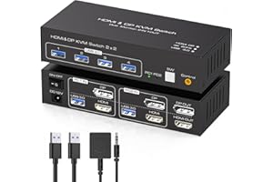 TJCXELE DisplayPort + HDMI KVM Switch 2 Monitores 4K60Hz USB3.0 Conmutador KVM Monitor Dual para Dual Comparta y 4 dispositivos USB Admite Modo Copiar y Extender con 2 Cables USB 3.0