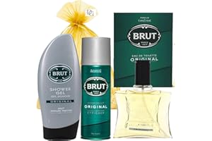 Men Fragrance Bundle with Brut Deodorant 200ml and Shower Gel 250ml Original Set with EDT Spray 100ml in Deluxio Gifts Gift Bag