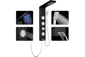 ROVOGO LED Duschpaneel ohne Armatur, 4 in 1 Duschpaneele Edelstahl 304 mit Regendusche, Massagedusche, Handbrause und Wanneneinlauf, Duschsäule für Wandmontage, Schwarz
