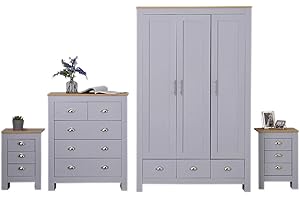 Furnituremaxi Country Style 4-Piece Wardrobe Set Bedroom Furniture Chest of Drawers Bedside Table, Grey, 0