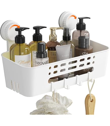 APACALI Mensola Doccia A Ventose 2 Ripiani Bianco - Senza Foratura, Max 10kg, Con Ganci E Fori Di Scarico, 21x30.5x12cm