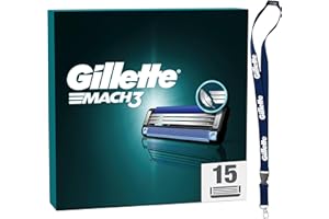 Gillette Lot De 15 Recharges De Lames De Rasoir Homme Mach 3, AUTHENTIQUES, Pack De Cartouches Avec Un Porte-clés, Tête De Rechange A 3 Lames Affutées et Bande Lubrifiante Pour Un Rasage Confortable