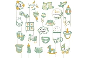 DIFOUNMAS Sage Green Baby Shower Photo Booth Props 24pcs Greenery Oh Baby Shower Photo Selfie Props with Sticks for Boy Girl Neutral Gender Reveal Party Welcome Baby Shower Table Decorations Favors Supplies