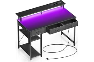 ‎ROLANSTAR Rolanstar Schreibtisch mit Schubladen, Computertisch mit Steckdosen & LED, Gaming Tisch mit Monitorständer, Regal & 2 Haken, Gaming Schreibtisch für Büro, Wohnzimmer(Schwarz, 100x47x90,5cm)