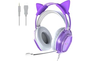 WANTEK Wantak Casque d'oreille de Chat avec Microphone, câble (3,5 mm/USB), Casque de Jeu pour PC/PS5/Xbox, réduction du Bruit, Son Hi-FI, 20 à 20 000 Hz, léger et Confortable pour Femme/Fille (Violet)