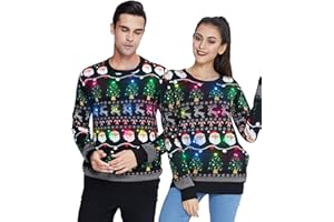 Idgreatim Pull de Noël Unisexe à LED léger en Tricot 3D imprimé Pull de Noël Ugly Christmas Chandail Jumper S-XXL