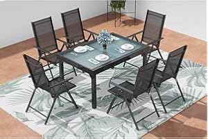 Concept-Usine | Mueble de Jardín Brescia de Aluminio con 6 sillas de Respaldo Plegable, Mesa Extensible de 135 cm a 270 cm para Pasar de 6 a 10 Personas, Tapa de Cristal Estilo Nashiji
