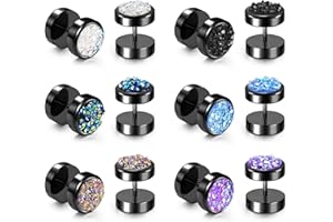 PiercingJak 6 Pairs 10MM Faux Gauges Earrings for Men Glitter Screw Flat Back Disc Stud Earrings Round Cheater Fake Ear Plugs Gauges Illusion Tunnel Punk Style Dumbell Ear Piercing