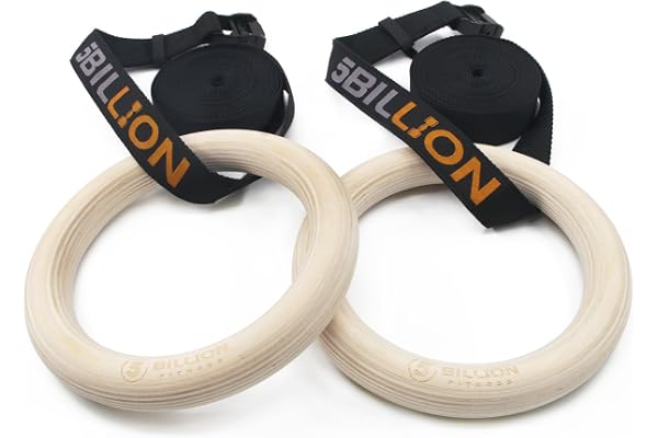 5BILLION Anneaux Gymnastique en Bois - Anneaux Olympique - Diamètre 28mm/32mm Réglable Suspension Training Exercice Fitness pour Pull Up, Musculation,Home Gym avec 2* Bandes en Nylon