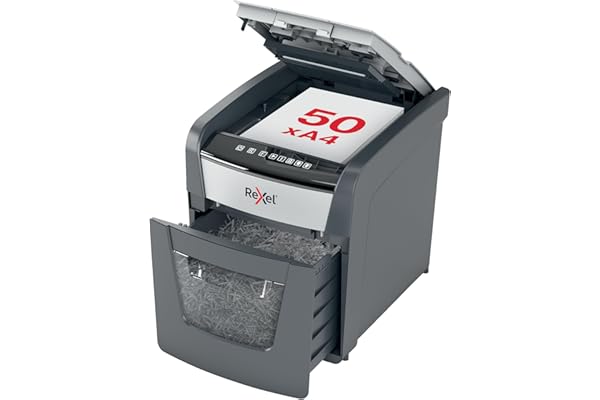 Rexel, Destructeur de documents AutoFeed, Hybride, 50 feuilles en automatique, 6 feuilles en manuel, Coupe croisée P4, Trombones/Agrafes/CB, Anti-bourrage, Silencieux 55dB, Bac 20L (150f), 2020050XEU