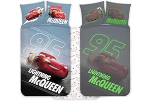 BRANDMAC Disney Cars McQueen Cot Size Bedlinen Set 100x140 cm & Pillowcase 40x45 cm | Glow-in-the-Dark Duvet Set for Kids | Reversible Bedding Set for Boys & Girls | Soft & Breathable, 100% Cotton