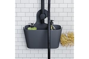 Croydex Grey Shower Caddy Hanging Storage - Bathroom Accessories for Renters, No Drill Solution, Self-Draining Holes and Easy to Clean - 26 x 26 x 8.5 cm