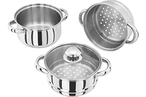 Judge Essential Cuiseur vapeur à 3 étages en acier inoxydable – Base thermique et couvercle en verre ventilé – Cuiseur vapeur à légumes qui passe au four avec poignées froides – Économe en énergie,