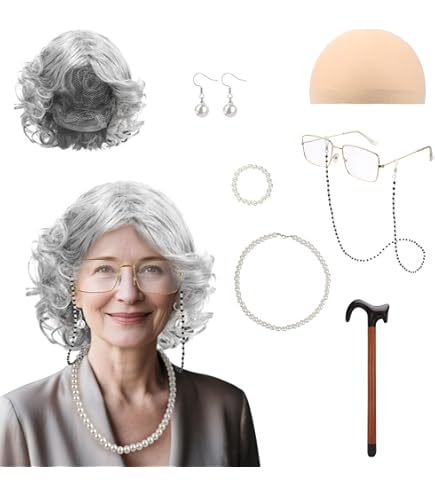 UILYNIU Grootmoederkostuum set, grijze pruik, dames, pruik, grootmoeder, bril met ketting, pruikkap, parelketting, oorbellen, armband, opblaasbaar, kostuum, dames (grijs
