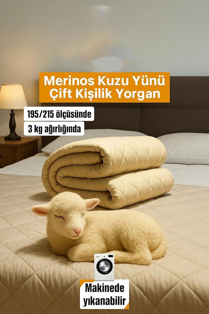 Çift Kişilik Merinos Kuzu Yünü Yorgan (%100 DOĞAL MERİNOS KUZU YÜNÜ) 195 X 215 Cm Ebat