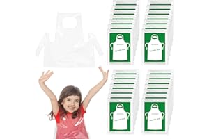 PRETWAD Pack of 35 Disposable Aprons for Children, Plastic Smocks, Disposable Aprons for Children, Waterproof, Oil-resistant, Small, Clear, Kids Cooking Apron for Painting, Cooking, Eating, Teaching, DIY