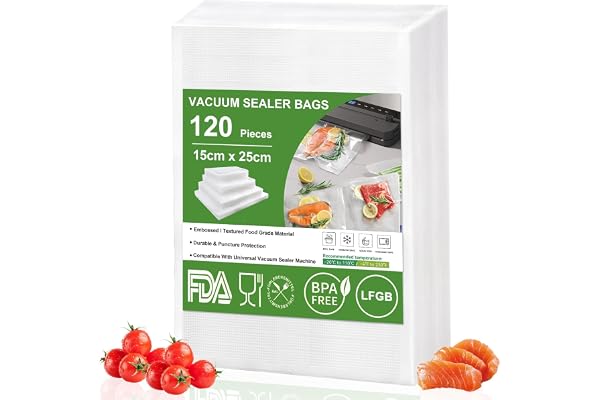 Omtofo 120 påsar vakuumpåsar 15 x 25 cm, präglad, BPA-fri, slitstark, vakuumförpackare, påse för alla vakuumförpackare, profe