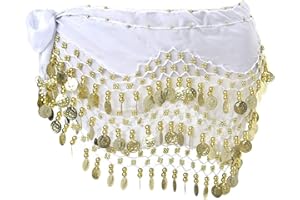 SamHeng Damen Bauchtanz Gürtel Chiffon Hüfttuch, Bauchtanz Münztuch Bauchtanz Münzgürtel Tanztuch Bauchtanz Kostüm mit 128 Münzen für Mädchen Frau für Performance Kostüm Bauchtanz Yoga Kurs