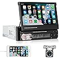 Car Stereo Single Din Electric Flip Out Car Radio with Bluetooth, Rimoody 7 Inch Touchscreen Mirror Link FM Radio AUX- in USB SD TF Card Input EQ Setting MP5 Player + Backup Camera