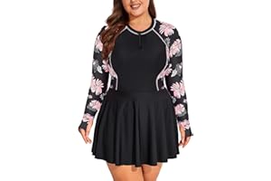 Hanna Nikole Women Plus Size Rash Guard with Thumb Holes Long Sleeve Half Zipper Swimsuits Bathing Suit UPF 50+ Swim Dress