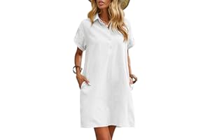 Zeagoo Vestido de verano para mujer, vestido de lino hasta la rodilla, vestido de playa casual, vestido de manga corta, vestido camisero de verano, vestido casual con bolsillos