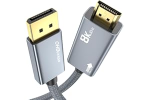 OHBUYAGN Câble DisplayPort vers HDMI 8 K, DP 1.4a vers HDMI 2.1, adaptateur plaqué or avec 8K @ 60Hz 4K @ 120Hz 2K @ 240Hz, HDR, FreeSync, VRR, Dolby, HDCP 2.3 pour TV, projecteur, moniteur, cartes