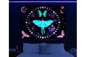 HOLAVIDA Arazzo Farfalle Psichedelico, Farfalla E Luna Luminoso Arazzo da Parete Grande, Fluorescenti Telo Hippie Parete Decorazioni Asa per Camera da Letto(150cm×130cm)
