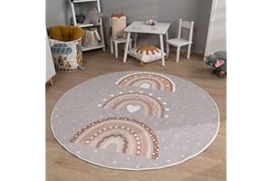 ‎TT HOME TT Home Kinderzimmerteppich Teppich Junge Mädchen Kinderteppich Baby Herzen Pastell, Farbe:Grau Beige, Größe:120 cm Rund