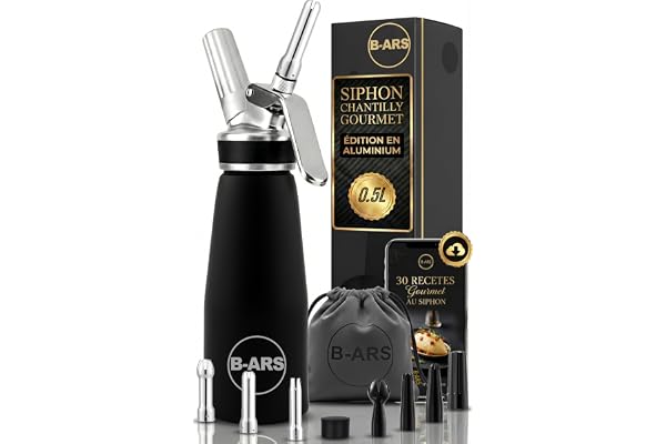 B-ARS Siphon Chantilly Cuisine en Aluminium Noir Durable 500 ML avec Buses INOX Facile à Nettoyer Idéal Mousse Dessert et Décorations -Syphon Chantilly
