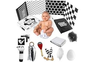 DS Brands Black and White Sensory Toys for Babies - Baby Sensory Toys 0-6 Months - Ribbon Ring, Scarf, Board, Cards, Maracas, Foil Blanket - Newborn Girl Boy Christmas Stocking Filler Gift Box