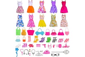 Delsen Conjunto de 50 Piezas de Ropa de Barbie,Fiestas y Vestidos de Noche.Incluye 10 Vestidos Mini,10 Pares de Zapatos, 20 Accesorios y 10 Bolsos para muñecas de 11.5 Pulgadas.
