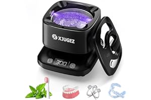 XJUGEZ Pulitore Ultrasuoni, 180ml Pulizia Ultrasuoni Efficiente a 360° 42KHz 24W Lampada UV Lavatrice Ultrasuoni per Protesi, Allineatori, Fermi, Monete, Testine di Spazzolini da Denti, Nero