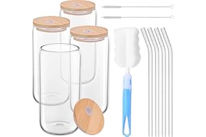 Revivoer Verres à Cocktail, 4 Pièces Verre a Biere avec Couvercle et Paille Parfait pour Café Tea et Cocktails, 500ML Tasse en Verre de Canette Idéal pour Soda Whisky et Bières