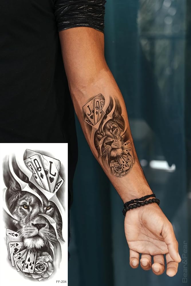 BearPear Aslan Dövmesi, İskambil Destesi Geçici Dövme, Kol Dövmesi, Tattoo, Üniseks Dövme
