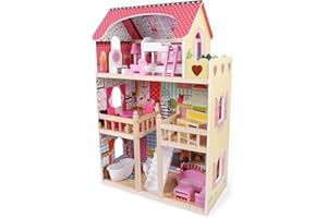 boppi® Tall drewniany domek dla lalek 3 poziomy/piętra, z 17 zabawami akcesoria meblowe - W06A163