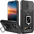 rojarou for iPhone 15 Pro Max Case with Card Holder and Slide Camera Cover,360° Rotate Ring Kickstand Heavy Duty Protective Phone Case for Apple iPhone 15 Pro Max Cover-Black