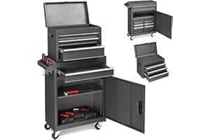 Karl home Rolling Tool Chest, 2-in-1 Large Capacity Toolbox with Detachable Top Cabinet, 4 Drawers, Wheels, Hooks, Lockable Metal Tool Cabinet for Workshop, Warehouse, Garage, Black