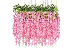 SZJH 12pcs 3.6 Feet/Piece Artificial Fake Wisteria Vine Ratta Hanging Garland Silk Flowers String Home Party Wedding Decor (Pink)