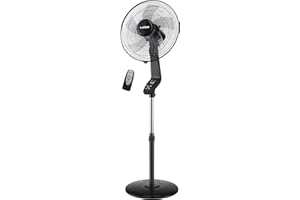 Bastilipo - Ventilador de pie con mando a distancia, 50W, base redonda, gama premium, modelo Coin Black