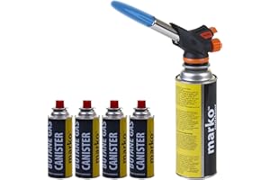 Marko Blow Torch Butane Gas Kit Cooking Catering Creme Brulee Culinary Tart Tool BBQ (Angled Blowtorch with 4 Gas)