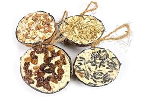CHUBBY PET PRODUCTS Chubby Suet Half Filled Variety Pack, Bird Feeder Coconut Halves for Wild Birds, Coconut Shell Suet Birds Food, Suet for Blackbirds, Woodpeckers, Starlings & Sparrows (4 Pack)