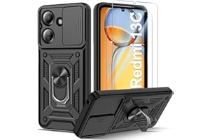 Guisessy Funda para Xiaomi Redmi 13C/13 C/Poco c65 4G Armor Carcasa Cubierta de cámara Deslizante Proteger con 2 Pack Cristal Templado Protector, con 360 Anillo Soporte PC y Silicona TPU Case, Negro