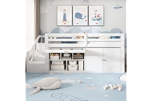 Becag Kinderbett 90x200 cm, Holzbett Bettgestell mit Treppe und Stauraum, Treppen/Schränke austauschbar, Schubladen umdrehbar und als Schreibtisch nutzbar, Stauraumbett, Leiter, ohne Matratze, Weiß